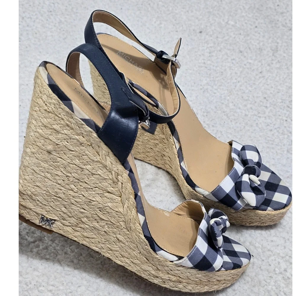 Michael Kors Gingham Espadrille Wedge Sandals Navy White Bow 11M
